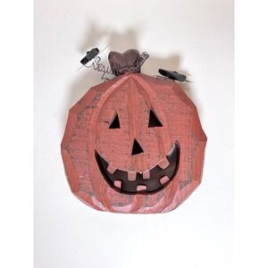 Vintage Primitive Rustic Carved Wood Pumpkin Jack O Lantern Halloween Decor Bats